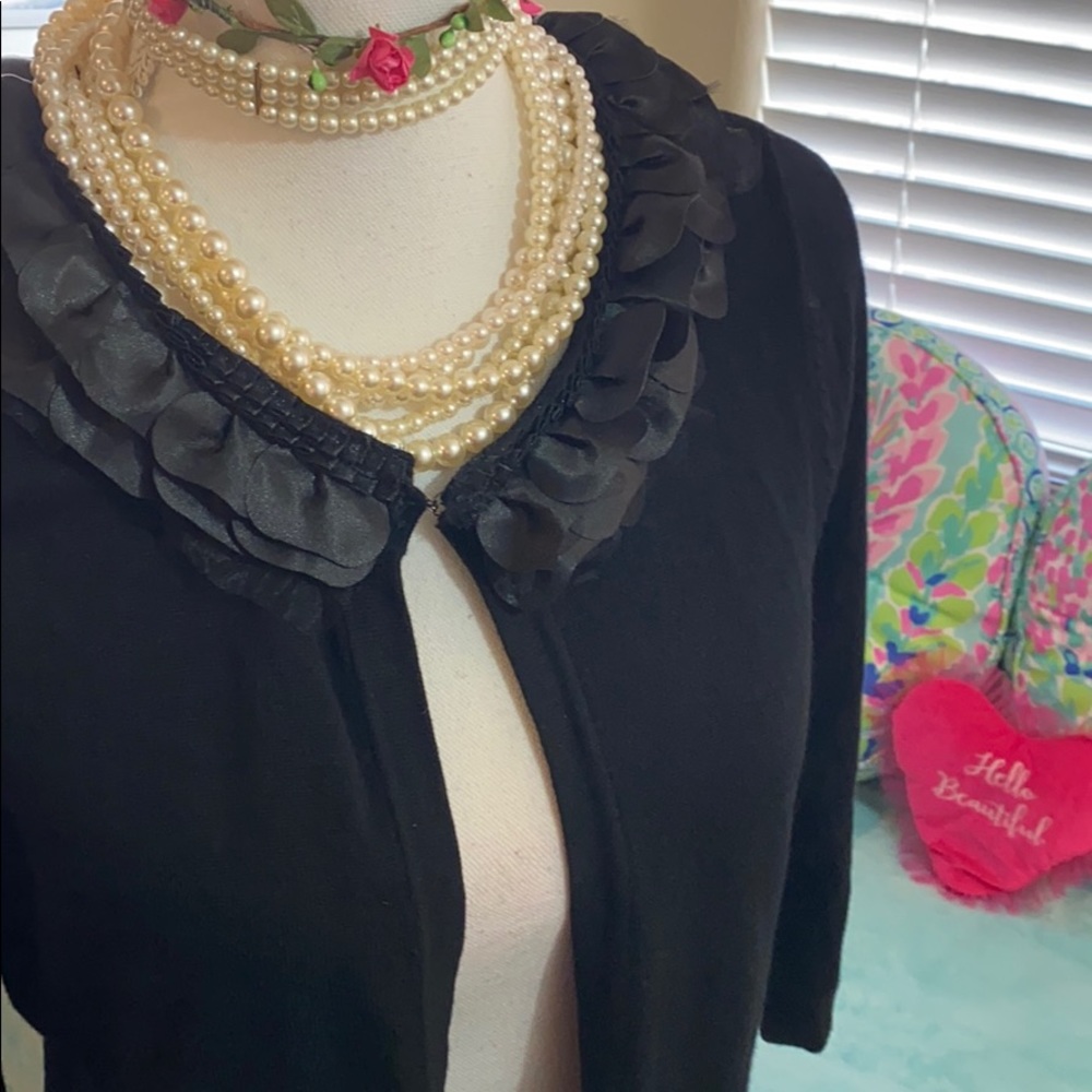 Just Taylor open front black sweater with floral neckline